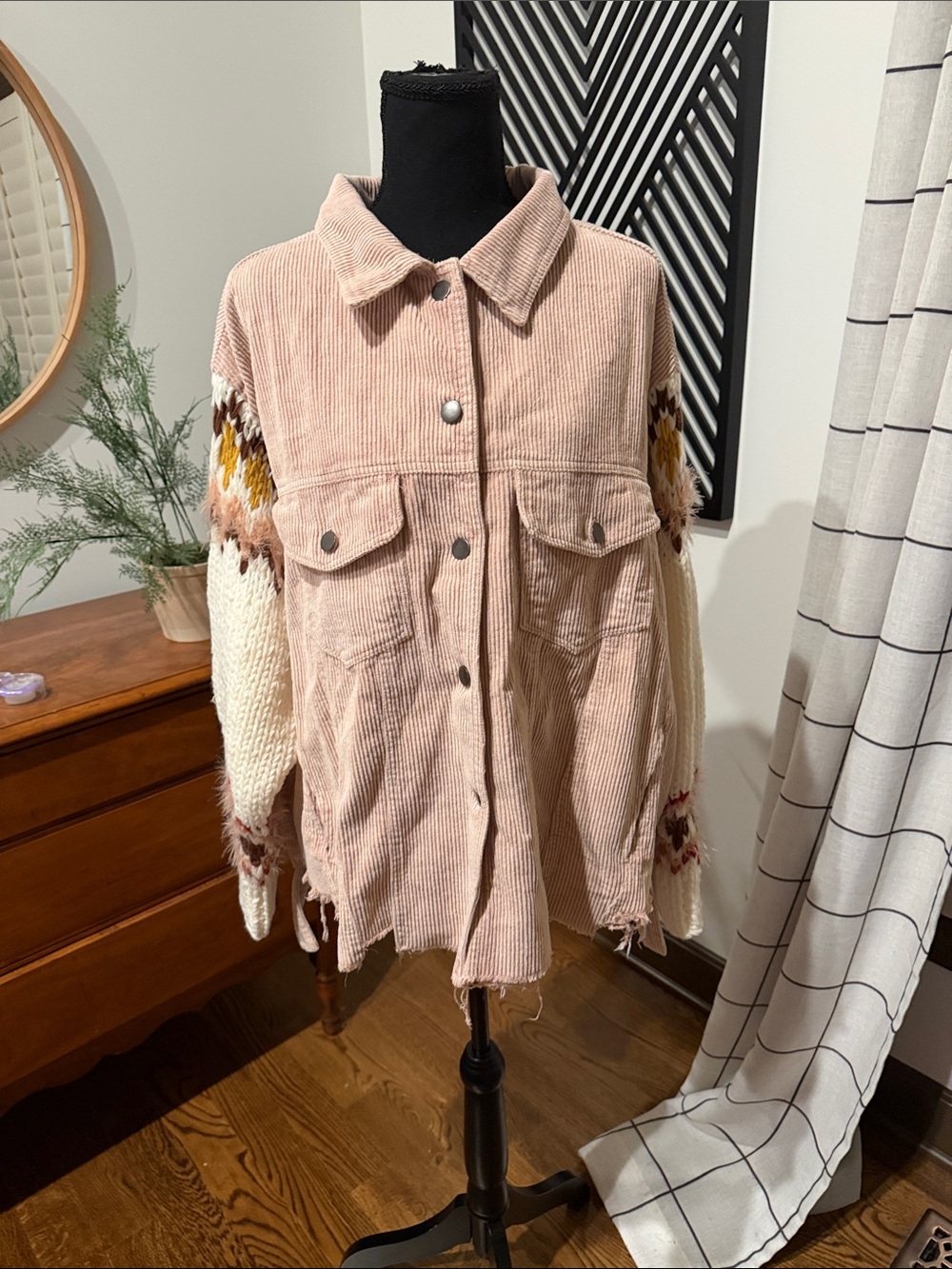 POL Blush Pink Corduroy Shacket with Patterned Knit Sleeves large